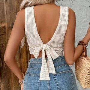 NEW Women's Off White Summer Knit Fabric Tank Top, Off Shoulder Tie Back, Small